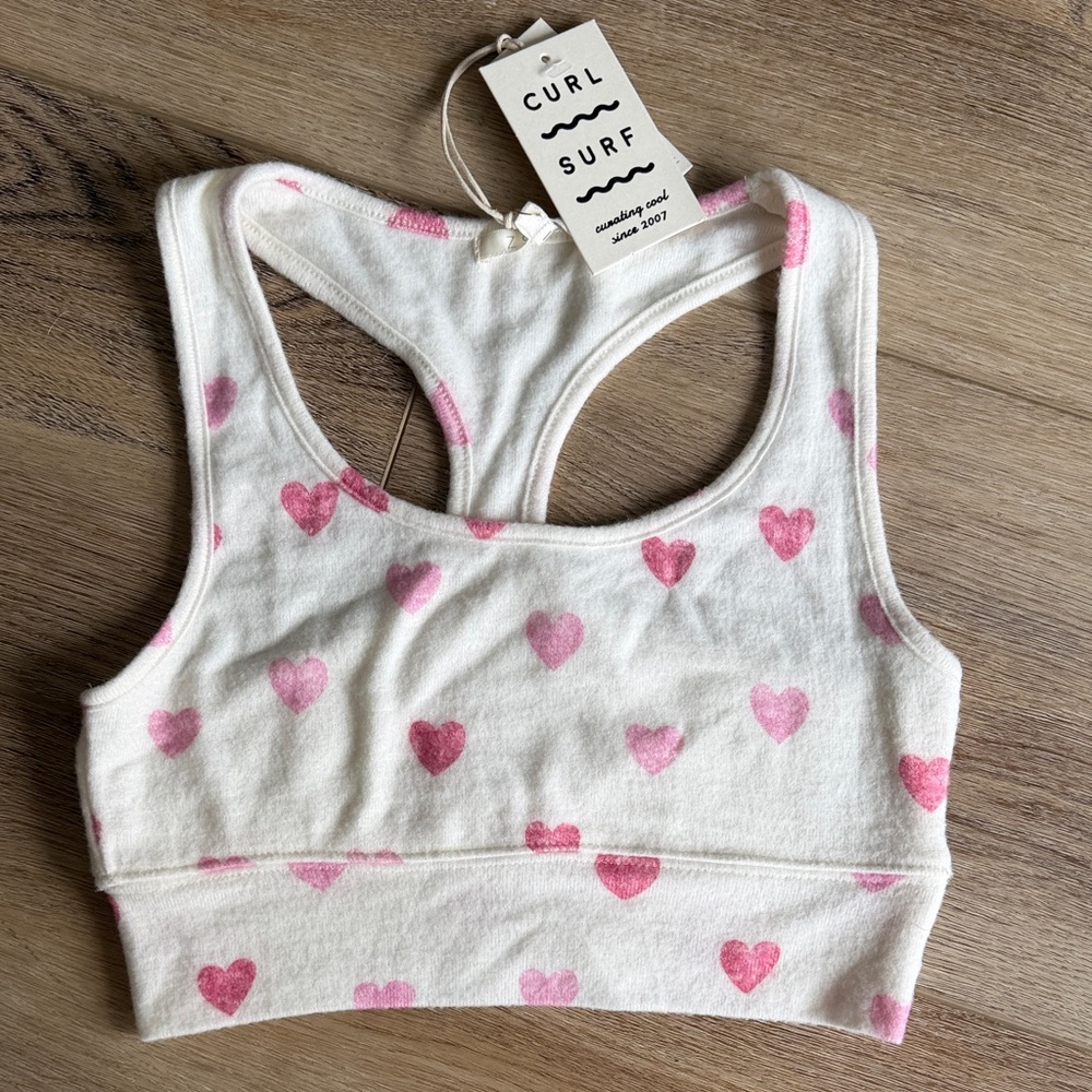 Curl Surf White Tank Lounge Top with Pink Heart Print